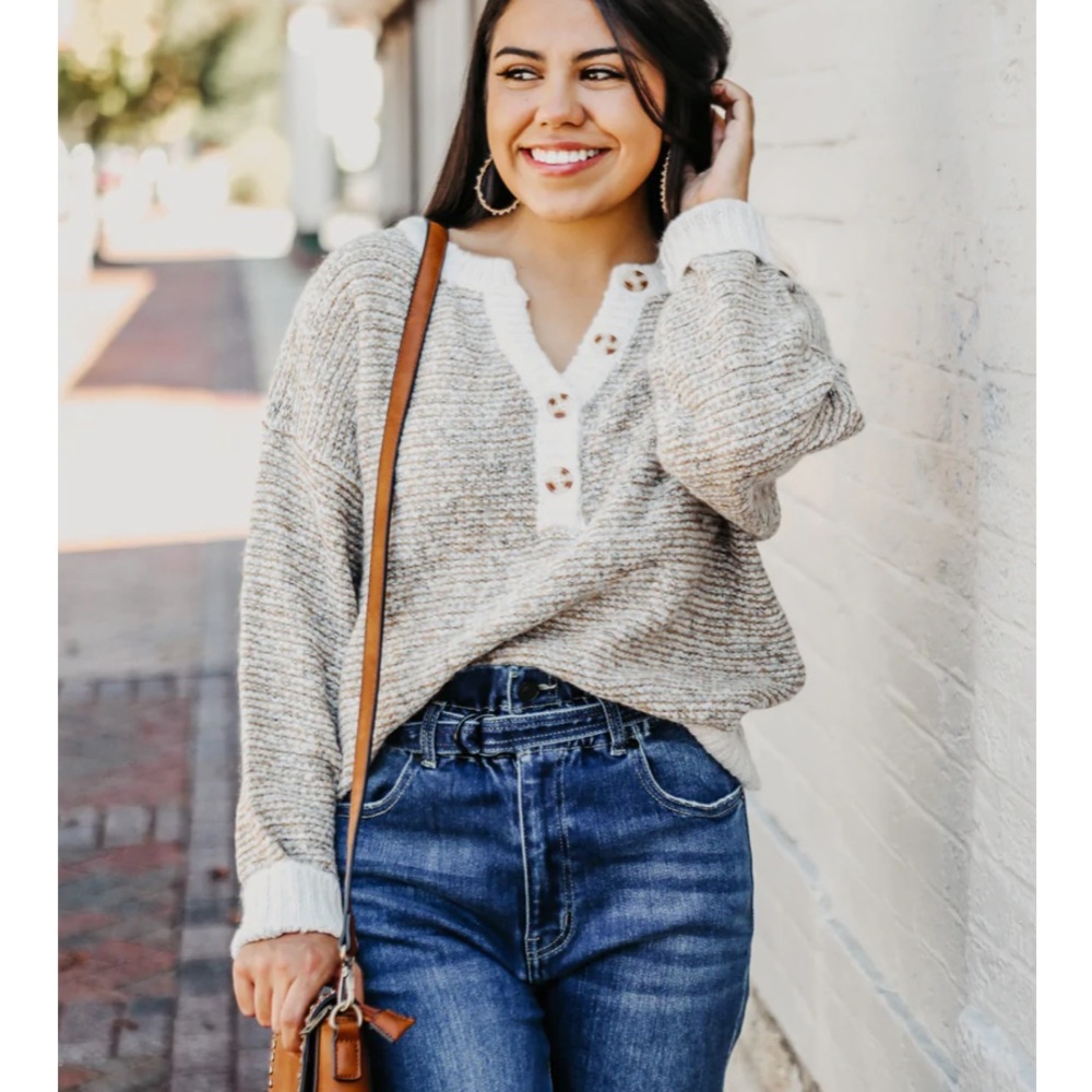 Blu Pepper Cream & Olive Green Striped Button Sweater